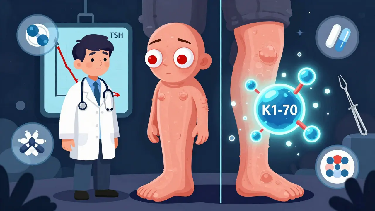 Patient with Graves' eye and skin symptoms beside medical treatments and future drug icon