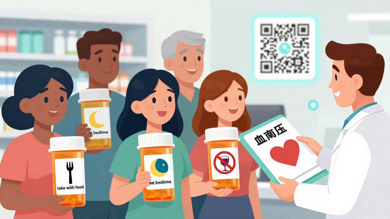 Patients holding prescription bottles with pictogram labels for dosage instructions, pharmacist offering large-print label.