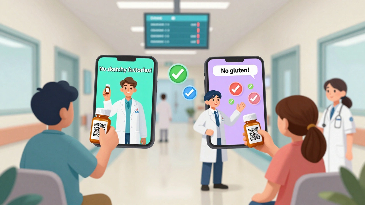 Patients scanning pill bottle QR codes that launch animated educational videos about generic drugs.