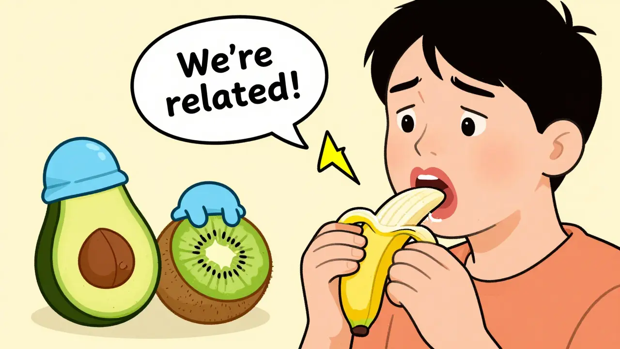 Person eating a banana with cross-reactivity lightning strike causing swollen lips and nearby latex-glove-hatted fruits.