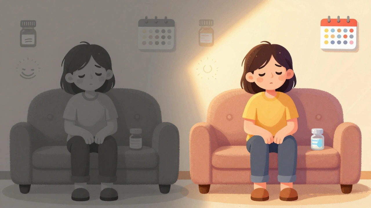 Person transforming from gray and tired to colorful and energetic over four weeks with pill bottle and calendar.