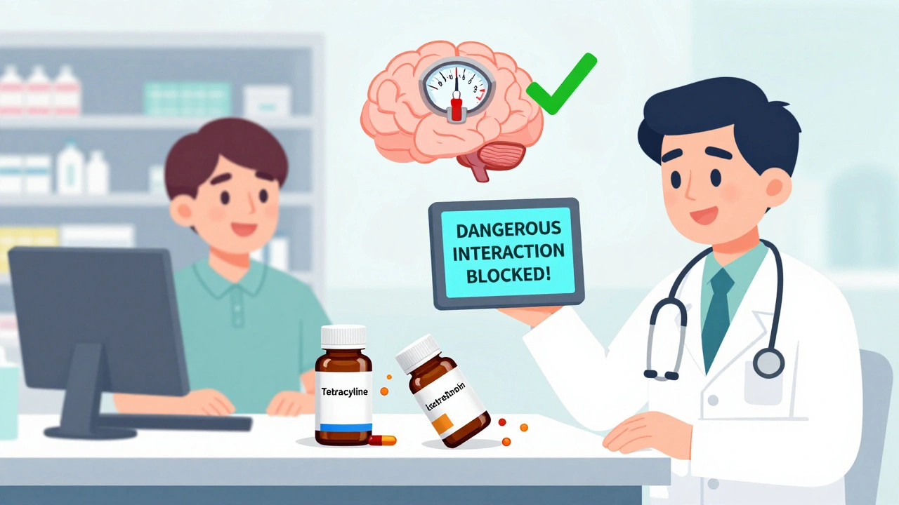 Pharmacist blocking dangerous drug combo with an alert screen in a cartoon medical office scene.