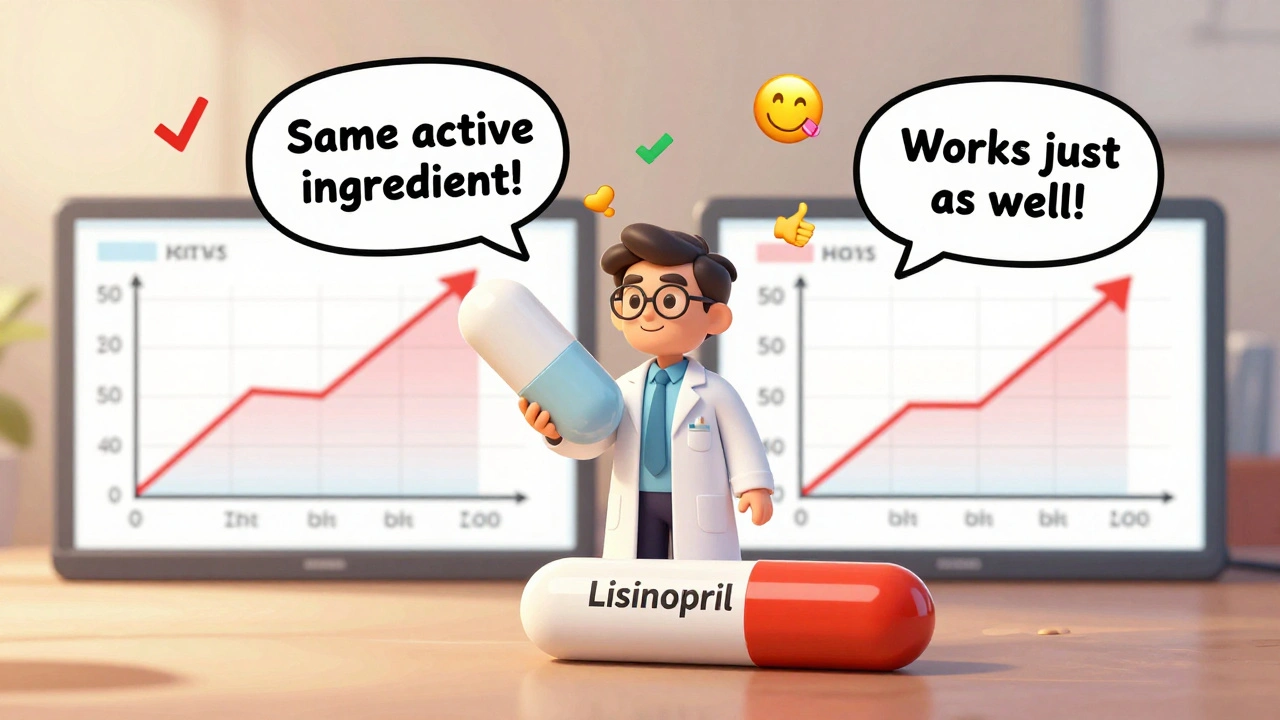 Pharmacist comparing generic and brand-name pills with identical blood test results shown side by side.