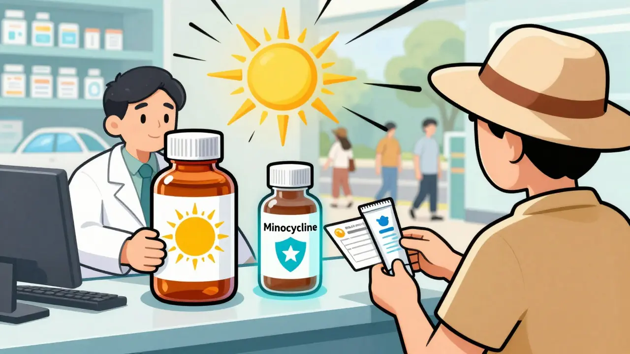 Pharmacist handing two pills—one dangerous in sunlight, one safe—with patient wearing hat and sunscreen.