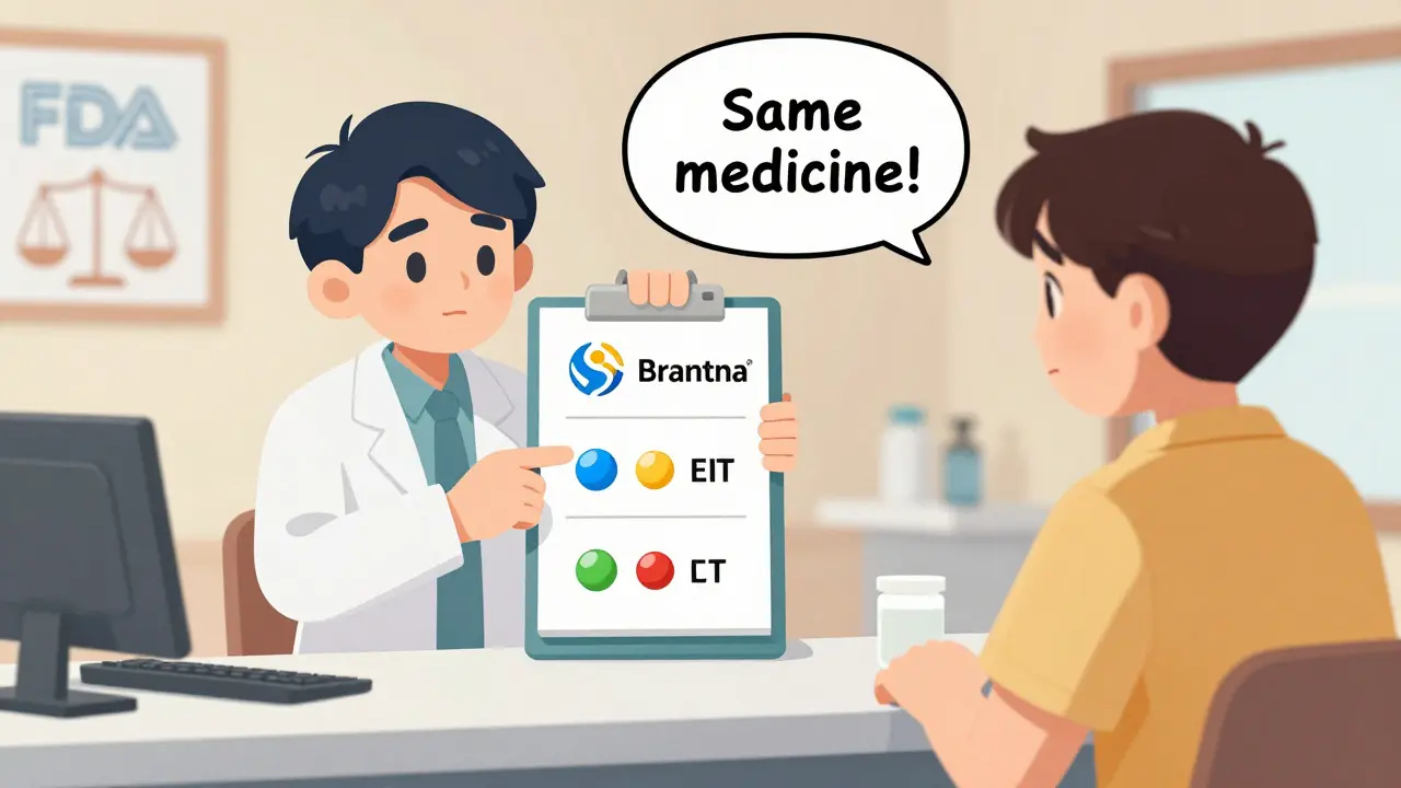 Pharmacist showing a comparison chart of three pill types to a patient.