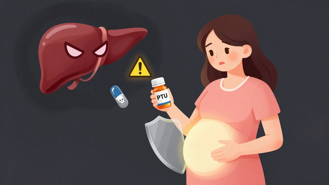 Pregnant woman safely taking PTU pill with protective shield, warning liver icon above