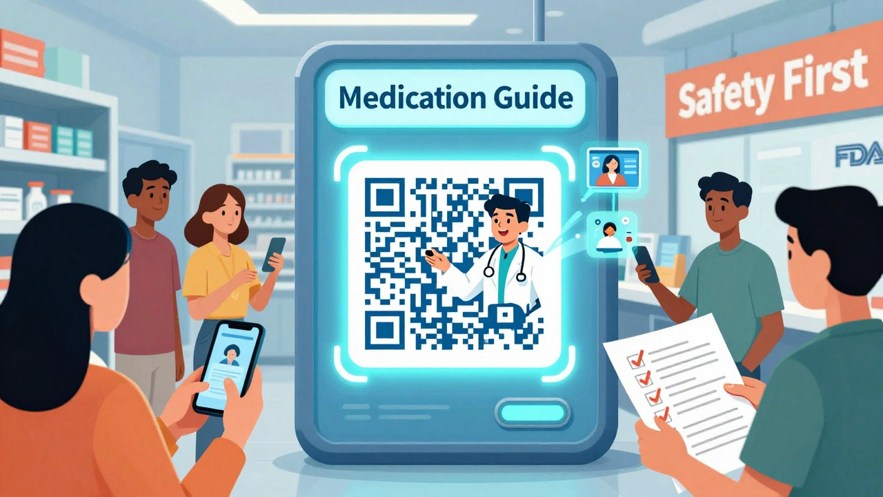 QR code on a Medication Guide projecting a video doctor explaining risks.