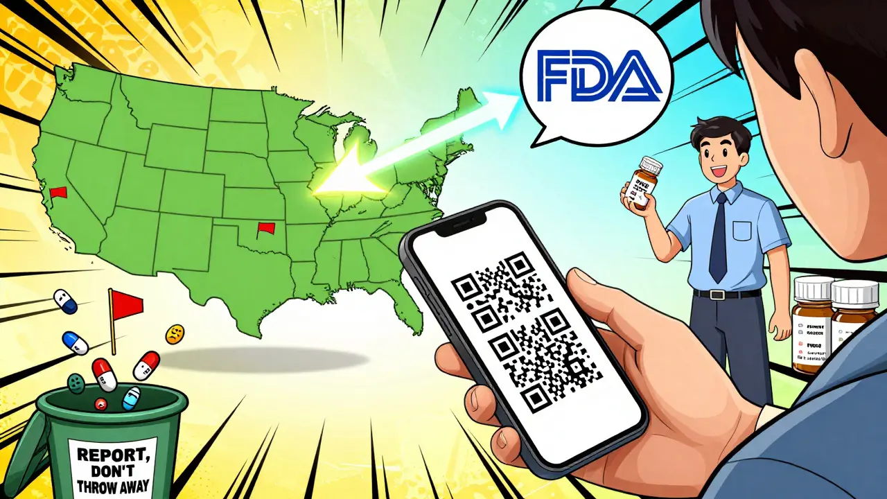Someone scanning a QR code on medicine as a digital report flies to the FDA logo.