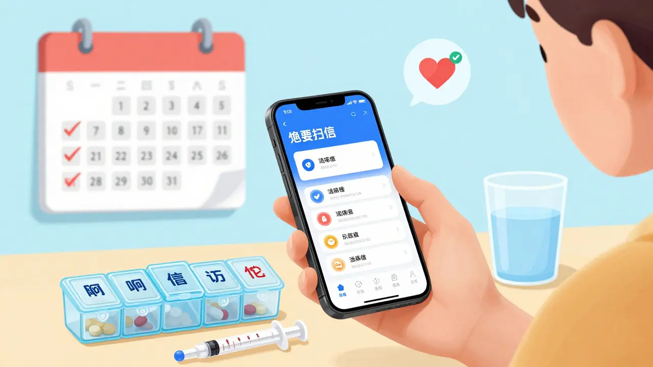 Someone using a medication reminder app beside a pill organizer and measuring syringe.