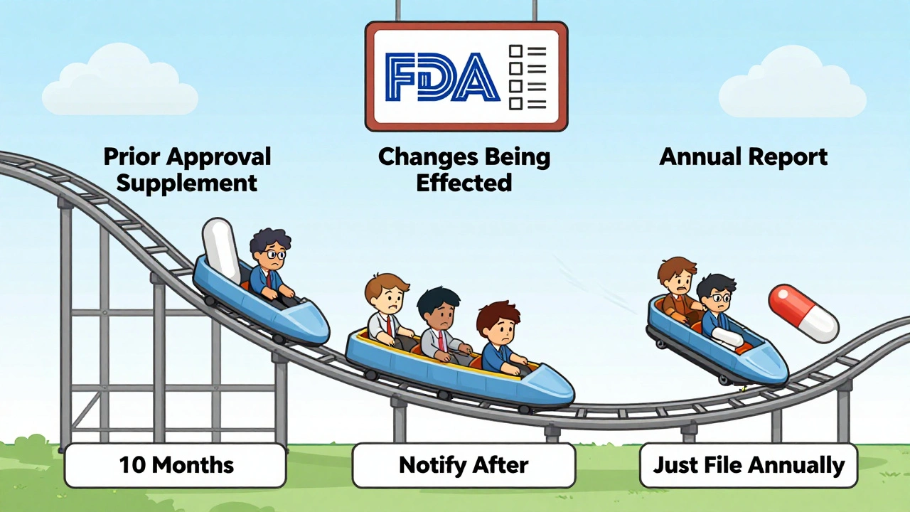 Three-tiered FDA review system shown as a rollercoaster for generic drugs