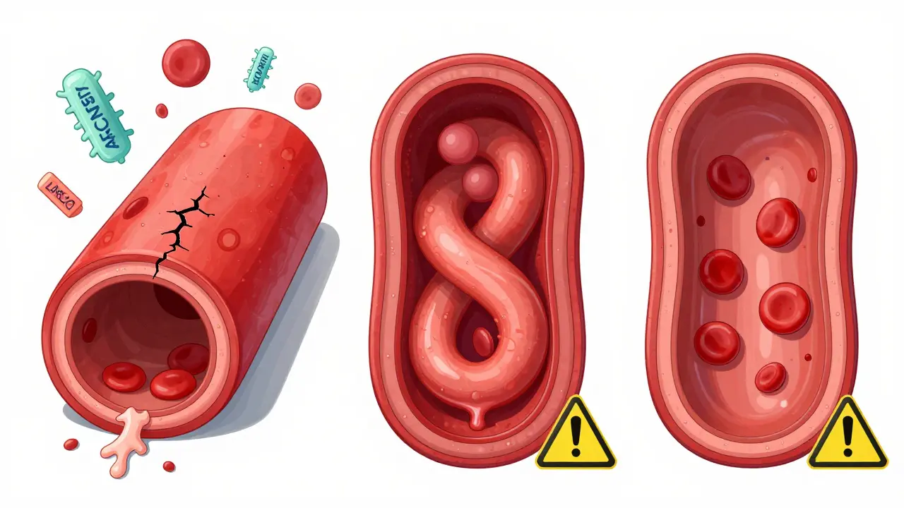 Three types of blood vessels illustrated as tunnels with unique signs of vasculitis: large, medium, and small vessel damage.