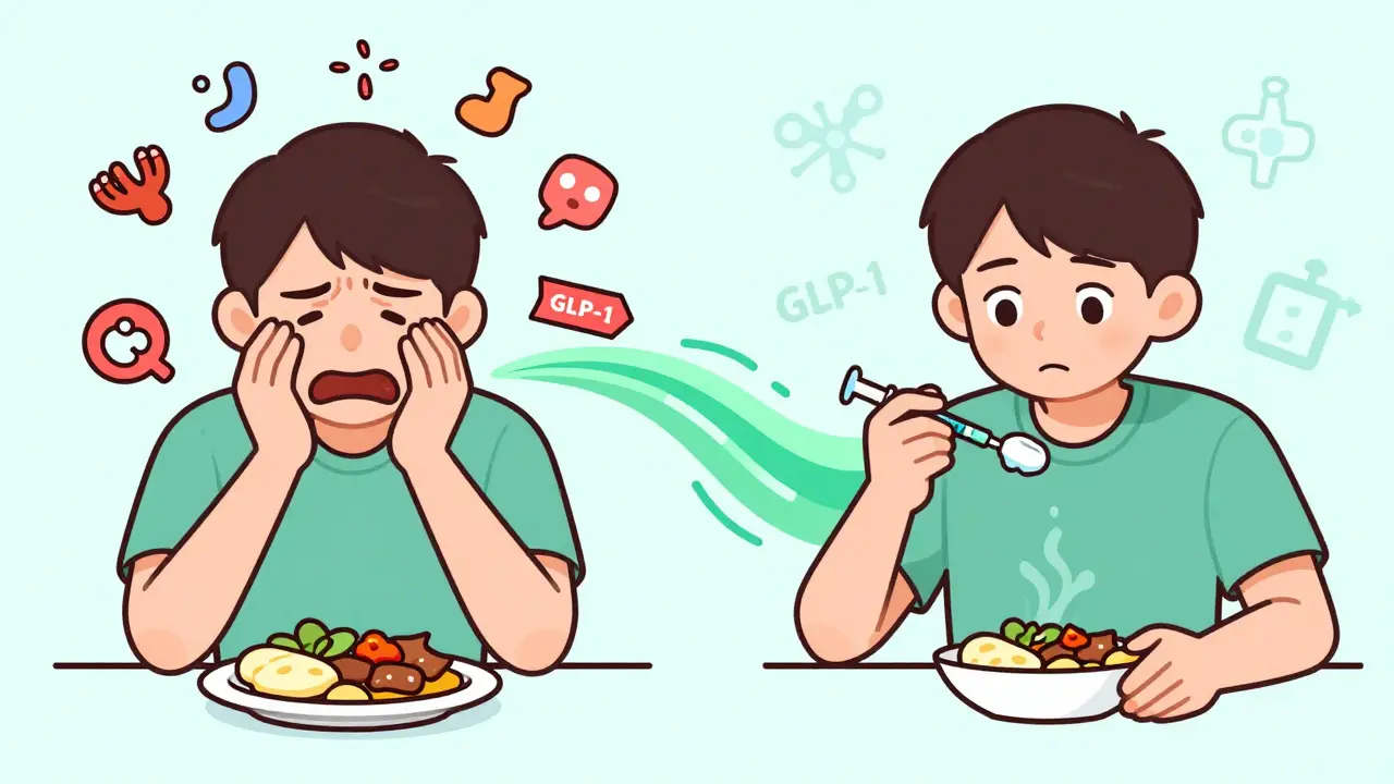 Two cartoon versions of a person: one struggling with nausea, one calm with healthy hormones flowing.