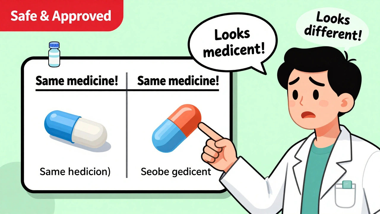 Two different-looking pills with same generic name, pharmacist explaining generics to a confused patient.