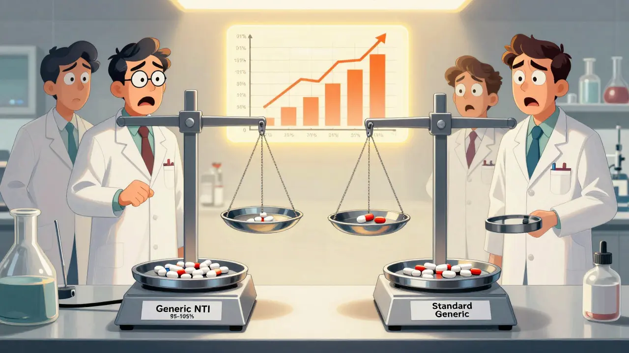 Two pill batches on scales, one perfectly balanced at 95-105%, the other uneven, scientists reacting in alarm.