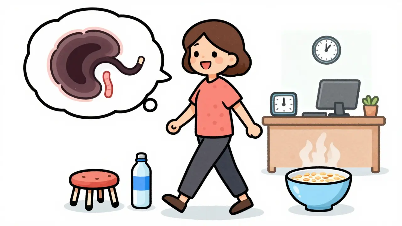 Woman walking after breakfast with healthy colon visualization and lifestyle aids