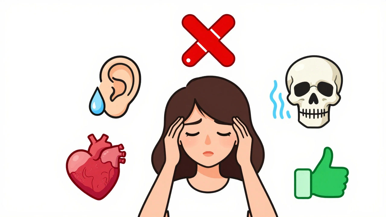 Young woman with headache symbols and a red X over intersecting drugs, with dapsone gel as safe alternative.
