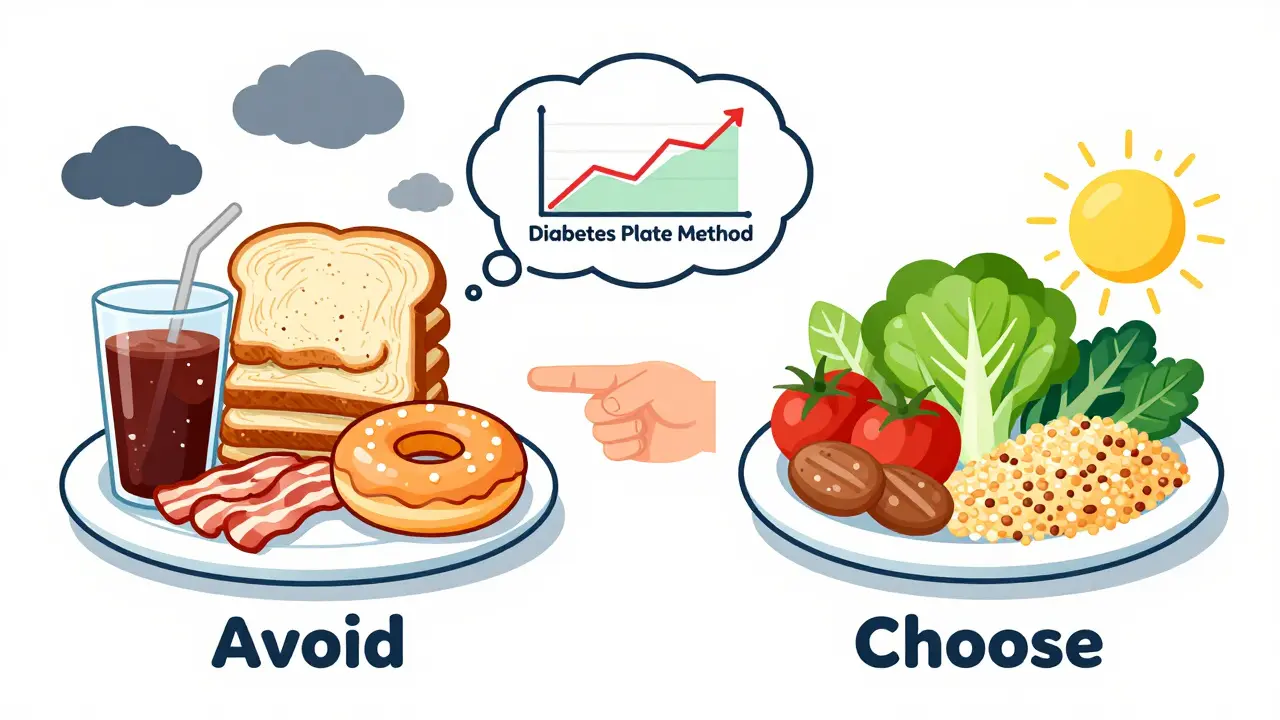 A cartoon comparison of unhealthy foods on one side and healthy diabetes-friendly meals on the other.
