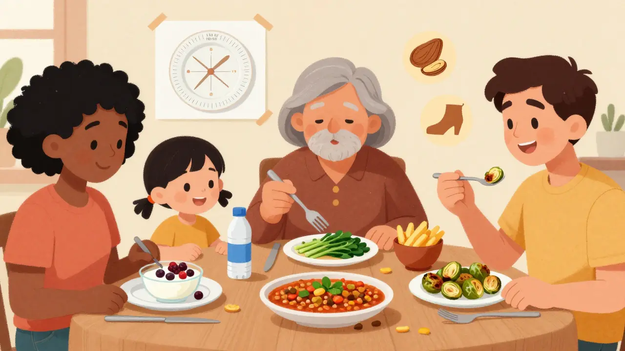 A diverse family enjoying meals following the Diabetes Plate Method together at the dining table.