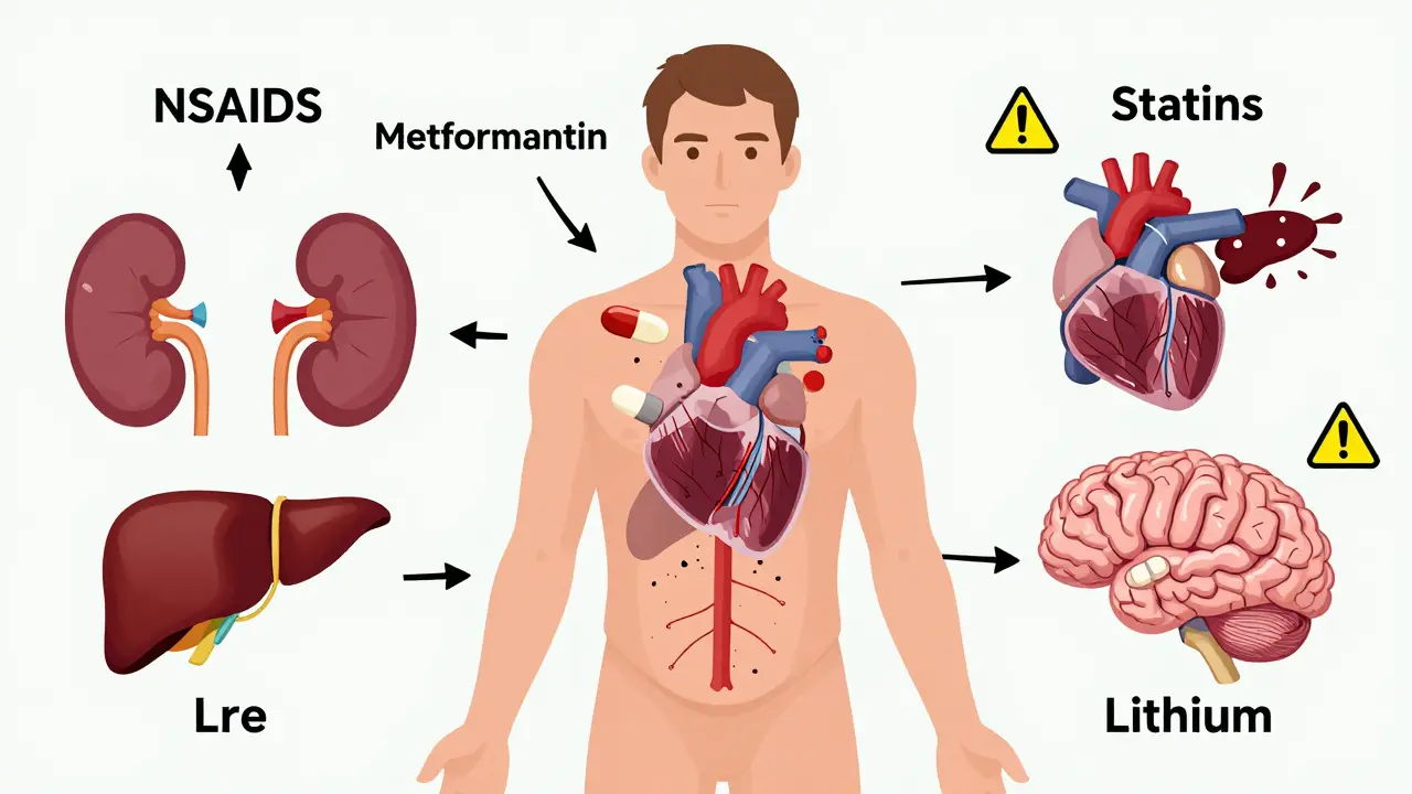 A human body with organs damaged by pills labeled NSAIDs, Metformin, Statins, and Lithium.