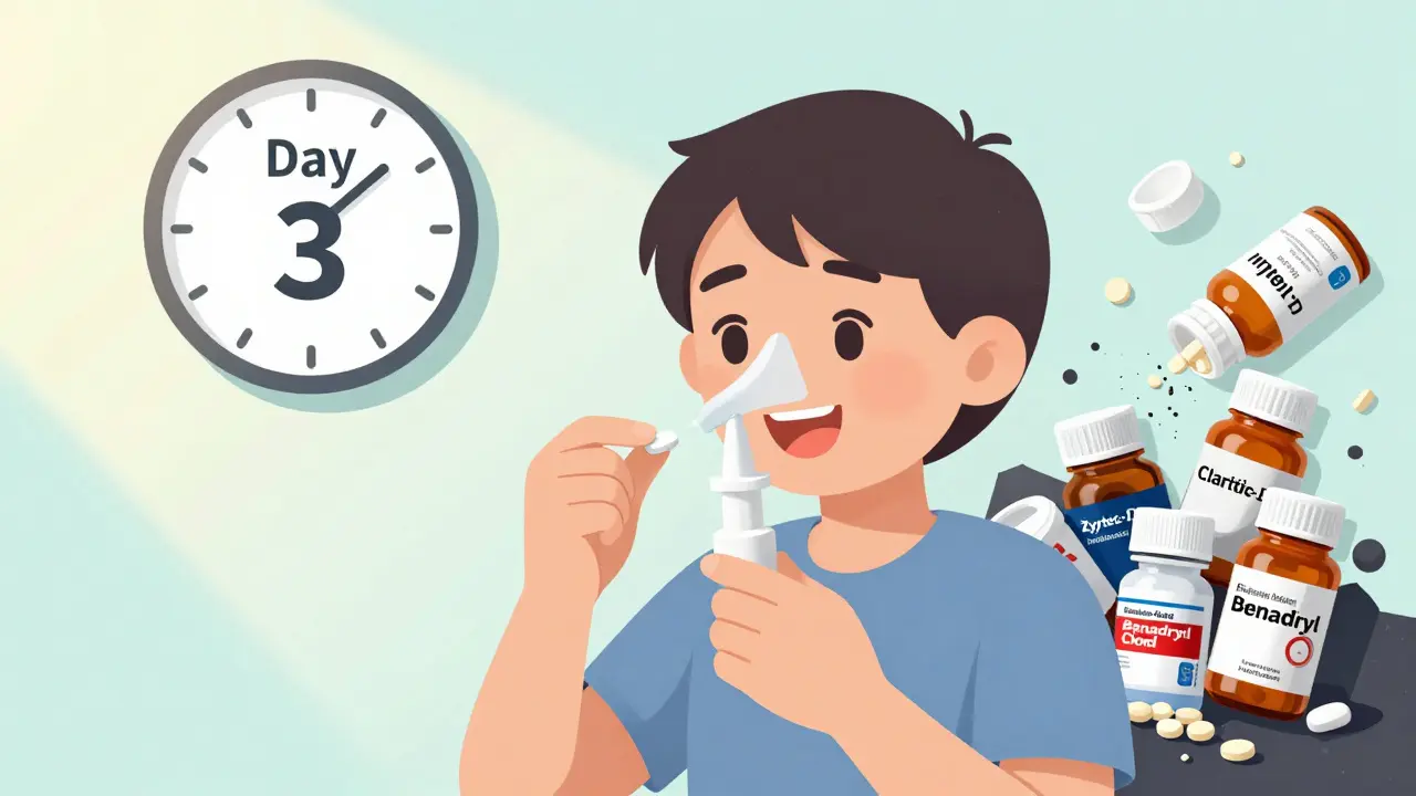 A person using safe nasal spray and single pill, while risky combo pills crumble away in the background.