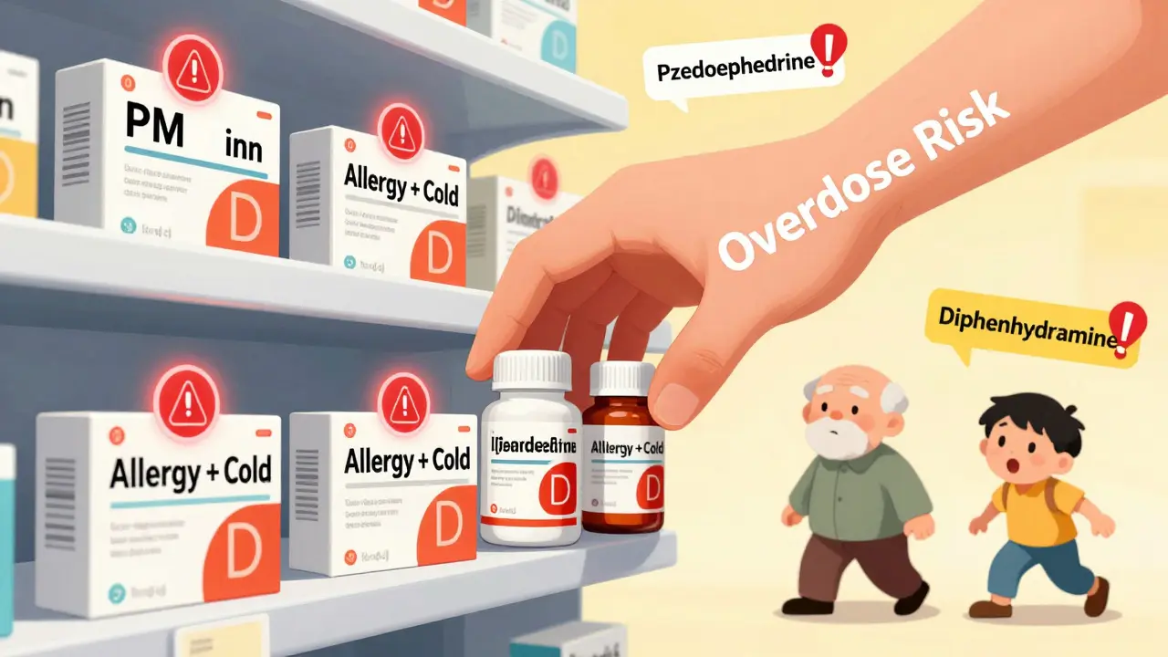 A pharmacy shelf with warning symbols over combo cold medicines, while a child and elderly person avoid them.