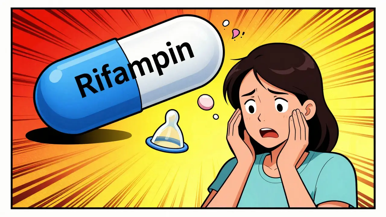 A woman concerned as a large antibiotic pill reduces the effectiveness of her birth control pill, with a condom nearby as protection.