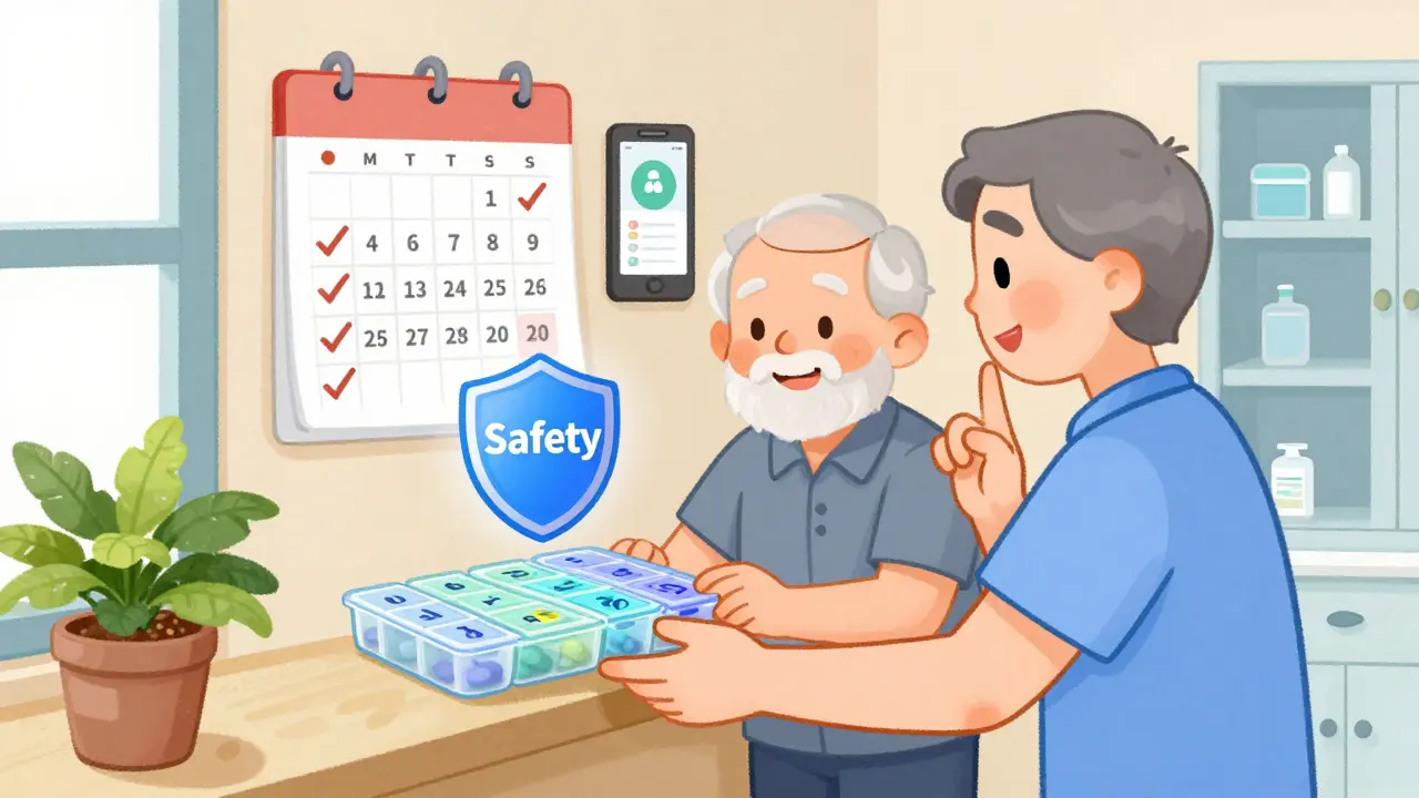 Caregiver placing a lockable pill organizer on a windowsill while an elderly person smiles.