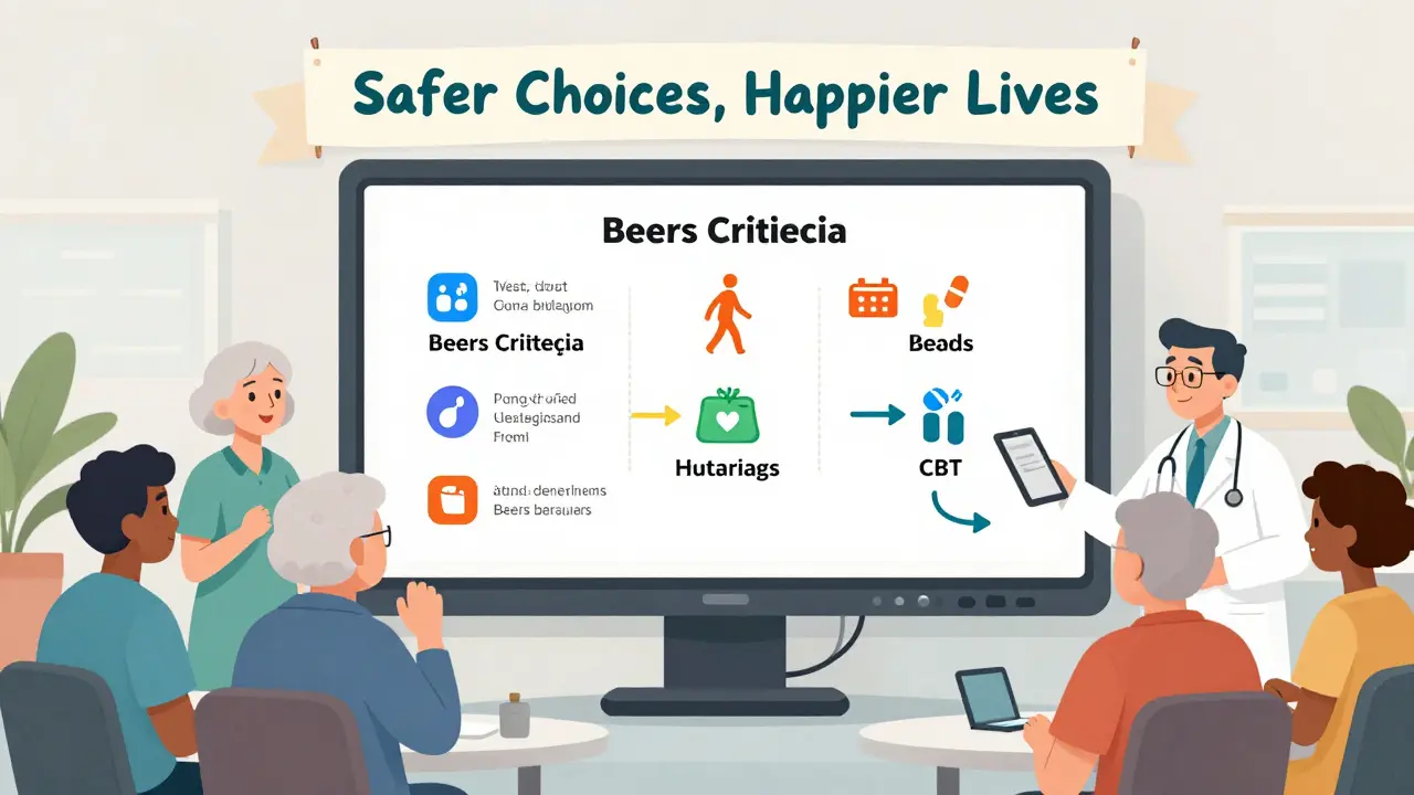 Diverse group in clinic with Beers Criteria icons on screen and pharmacist reviewing meds.