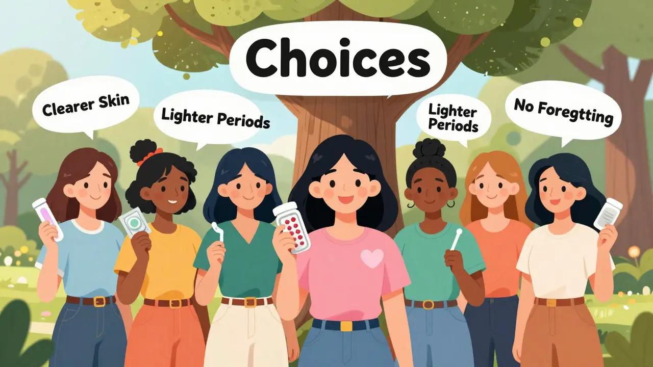 Diverse women holding different birth control methods under a tree labeled 'Choices', symbolizing informed reproductive options.