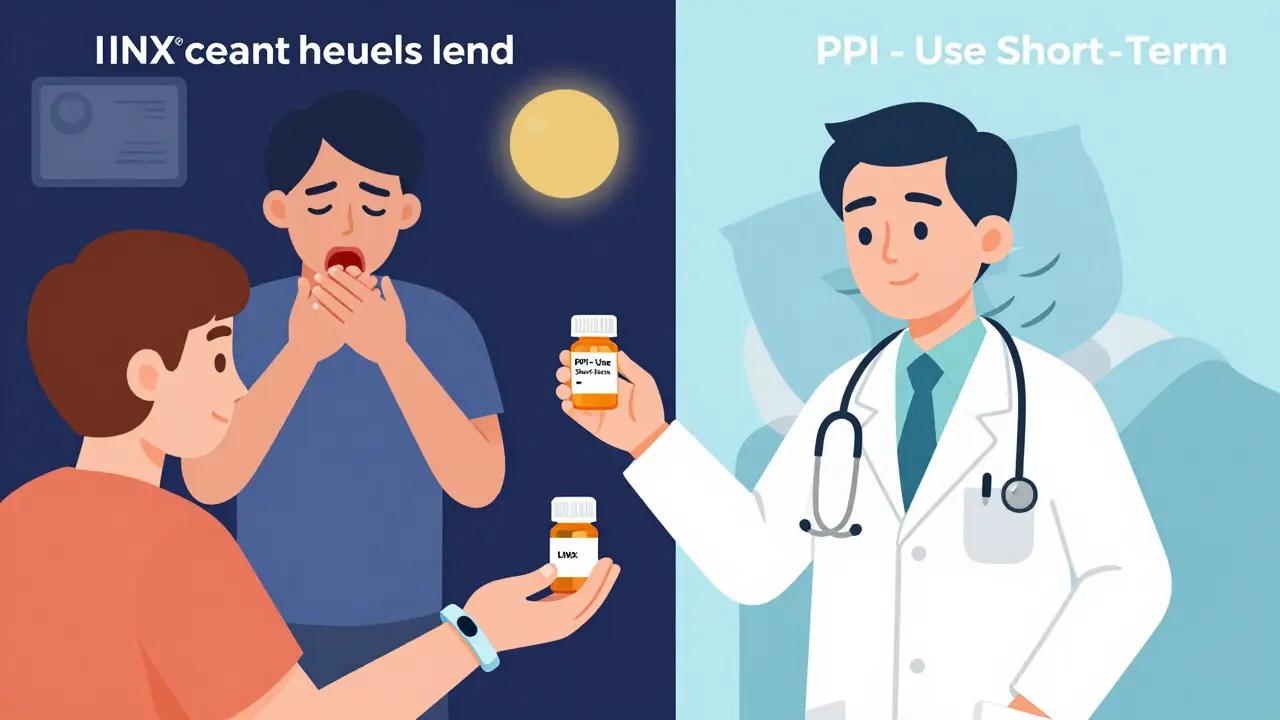 Doctor giving patient LINX device and PPI pill, showing before-and-after GERD lifestyle change.