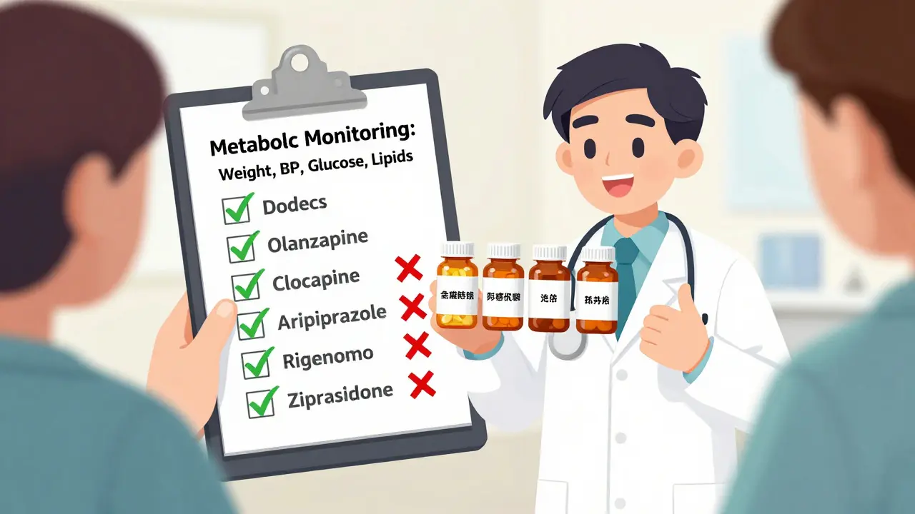 Doctor with checklist and different antipsychotic pills, highlighting low and high metabolic risk options.