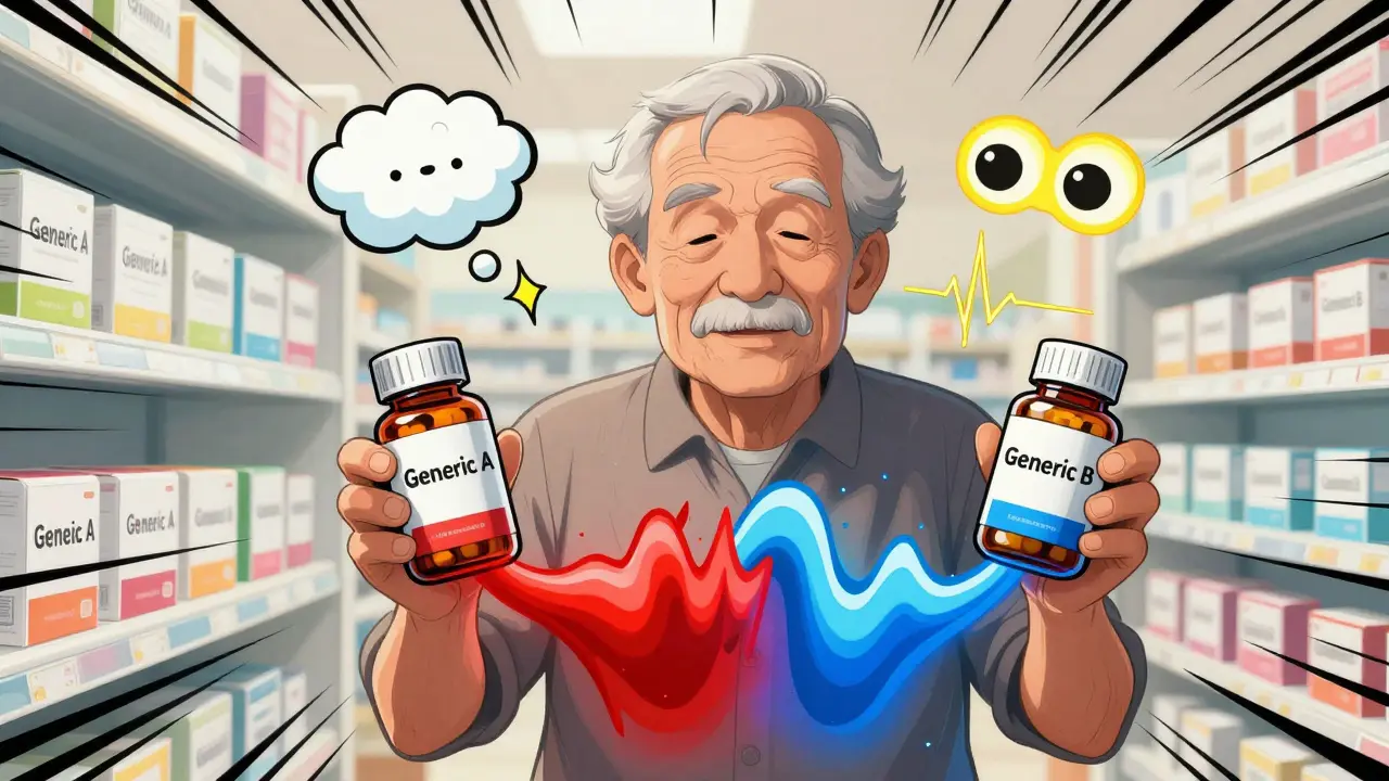 Elderly person holding two digoxin bottles with invisible absorption waves and symptoms floating around.