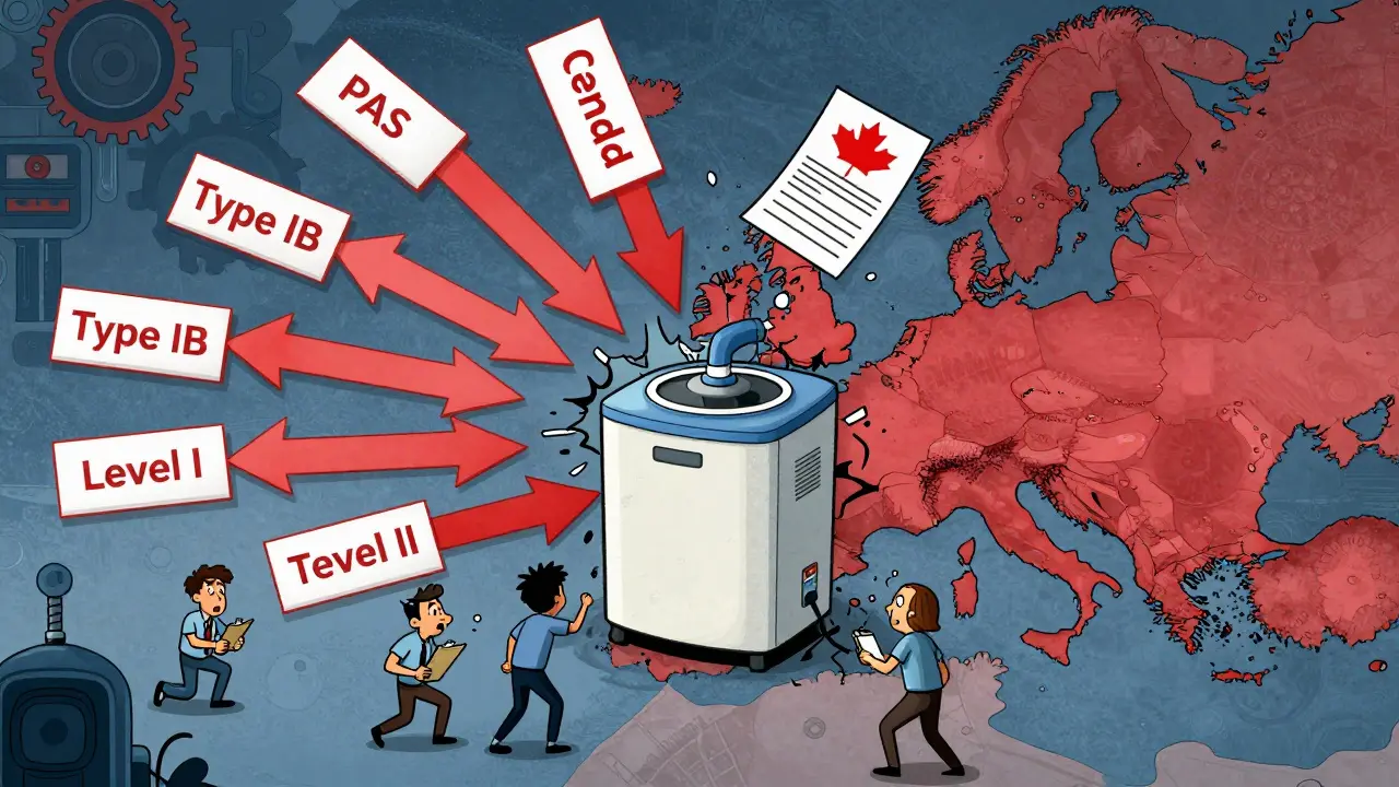 Global map showing pharmaceutical change types with a cracked freeze-dryer and warning letter flying out.