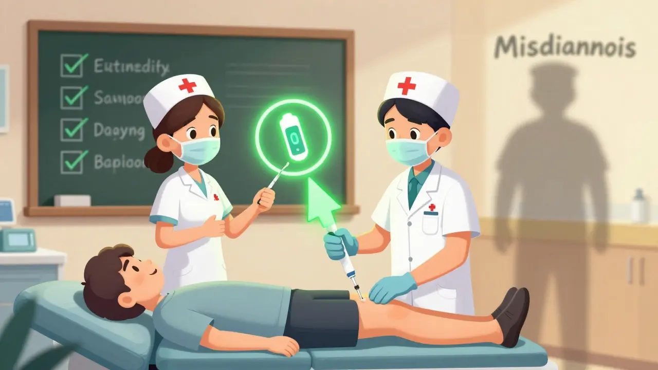 Medical team administering epinephrine with a glowing auto-injector and symptoms checklist in background.