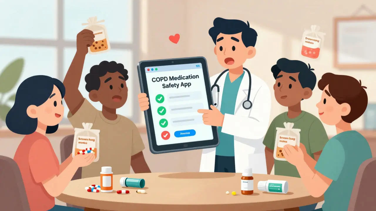 Patients bringing medicine bags to a doctor who uses a tablet app to check for drug interactions in cartoon style.