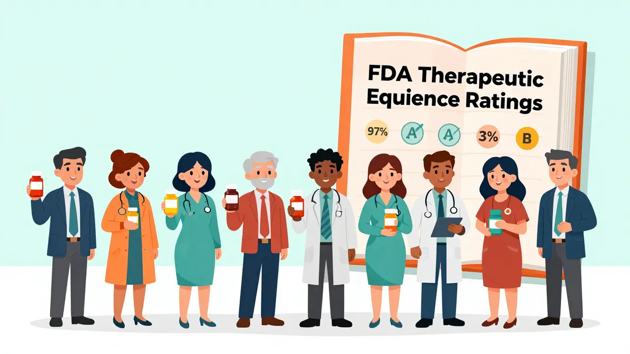 Patients with pill bottles beside FDA Orange Book showing therapeutic equivalence ratings.