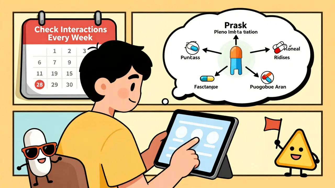 Person checking medications on a tablet with a thought bubble showing interaction map.