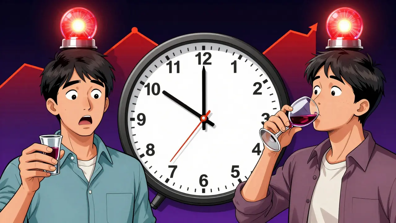 Person drinking shot fast vs. sipping wine slowly, same blood alcohol levels