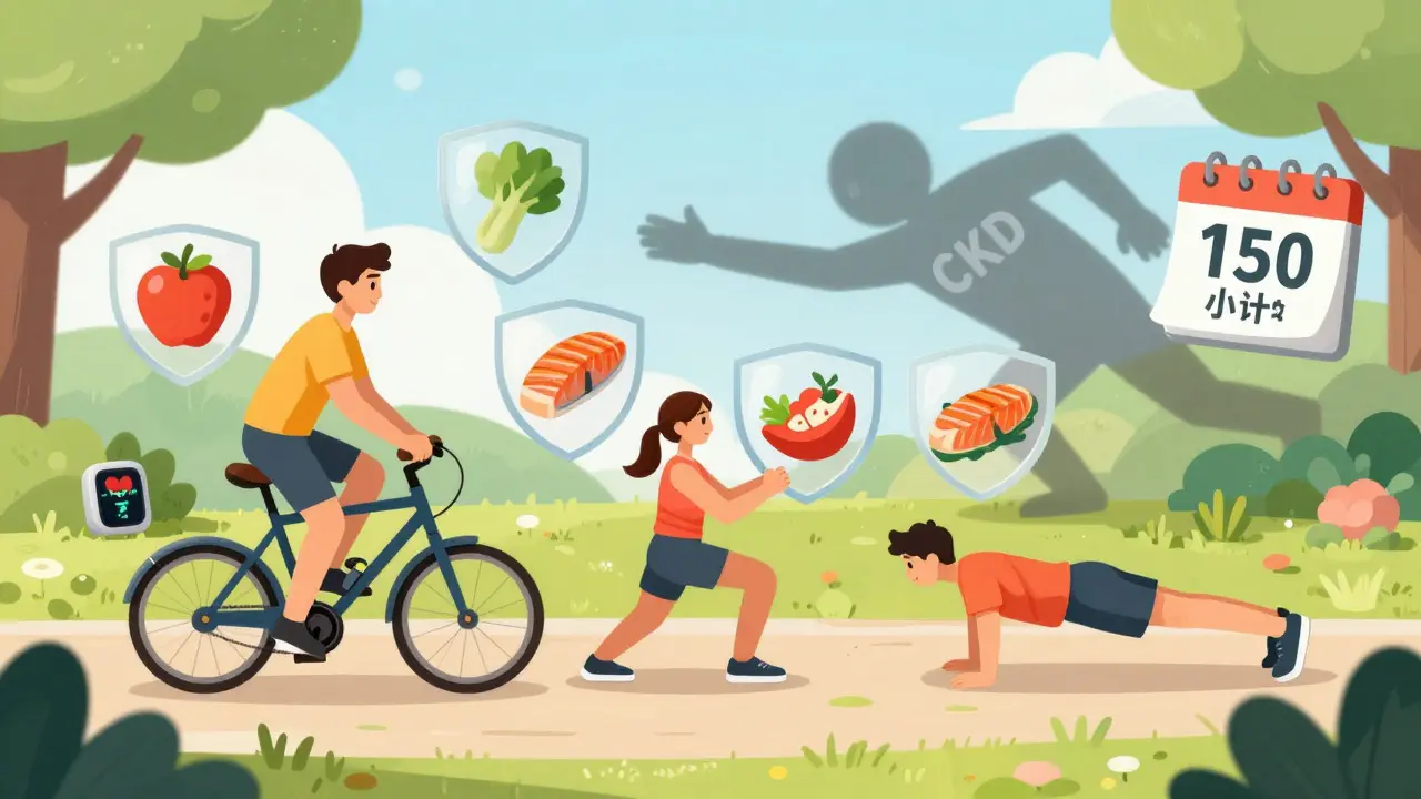 Person exercising with healthy foods as shields, pushing away kidney disease