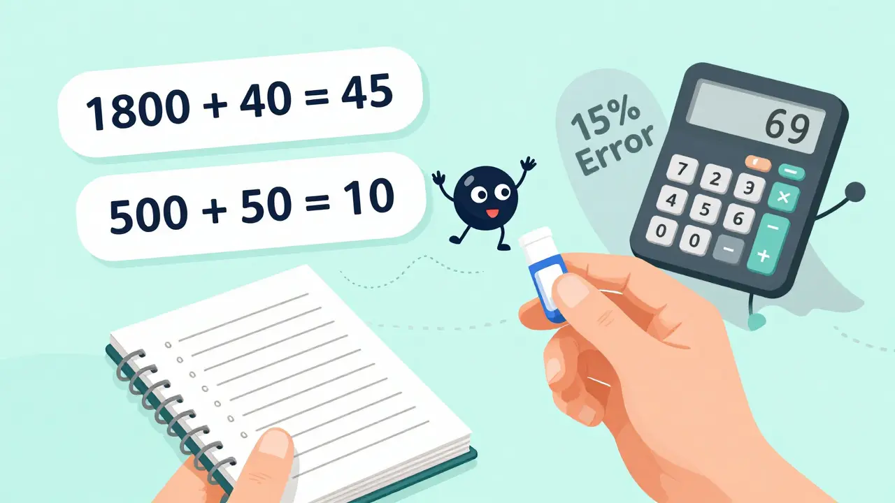 Person logging insulin doses and carb ratios with math equations and glucose tabs nearby