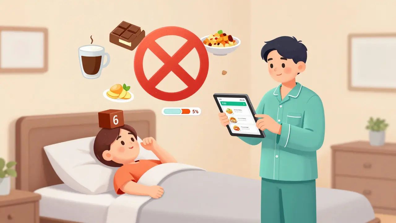 Person sleeping with elevated bed, using a food diary app to track GERD triggers.