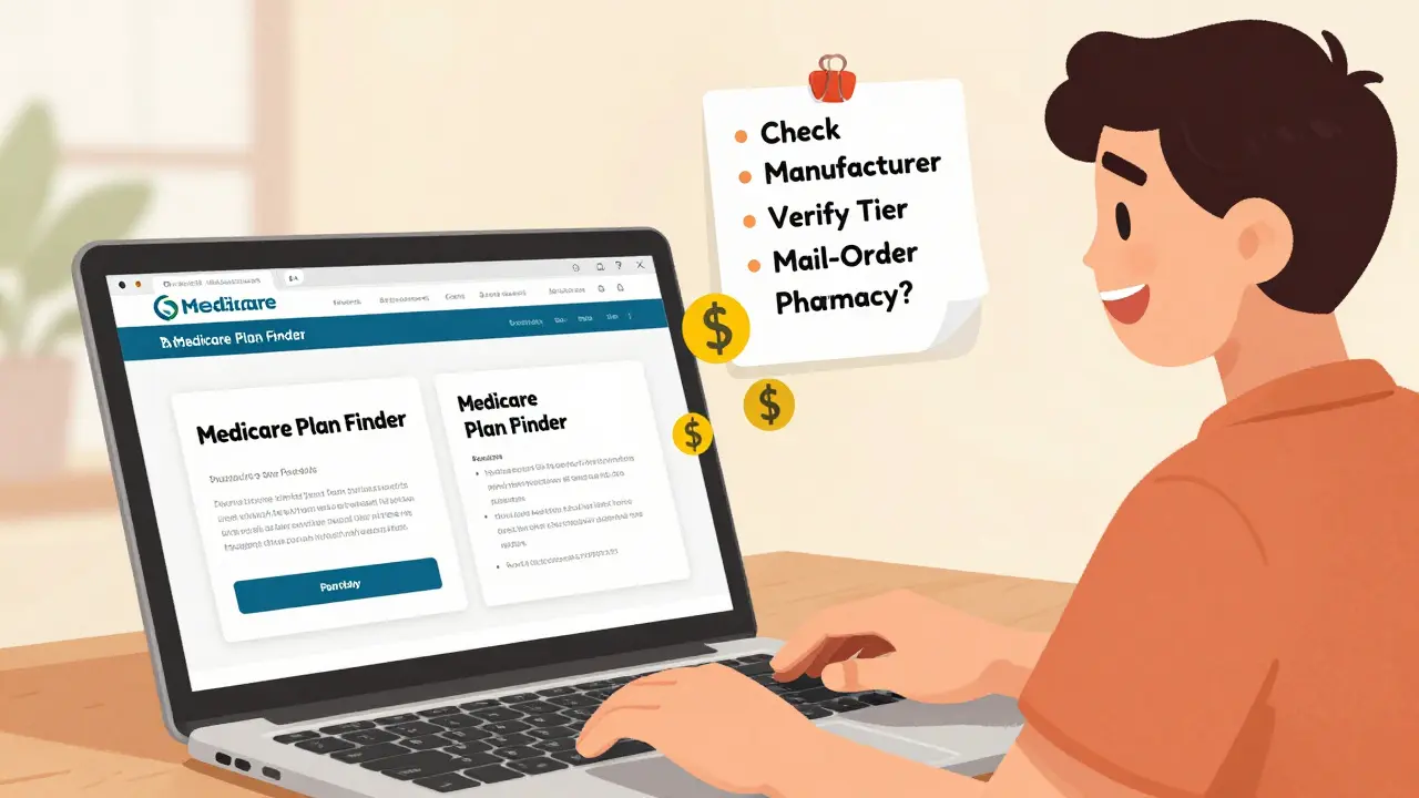 Person using a website tool to compare prescription drug plans with dollar savings shown.