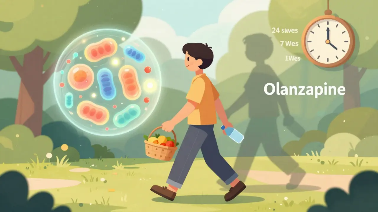 Person walking healthily with glowing cells, leaving behind a fading high-risk pill.