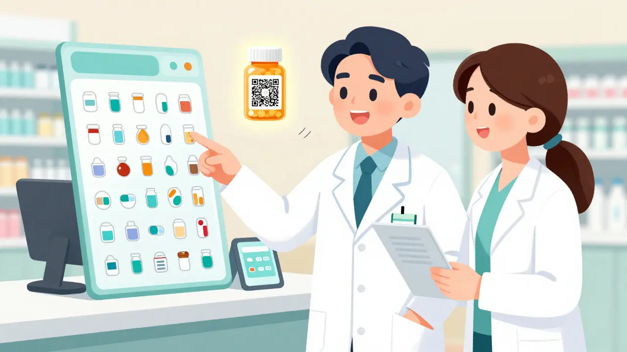 Pharmacist and caregiver reviewing a medication chart with a QR code on a pill bottle.