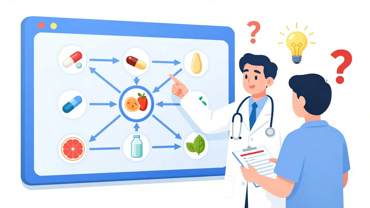 Pharmacist explaining drug interactions on a visual chart with pills and food items.