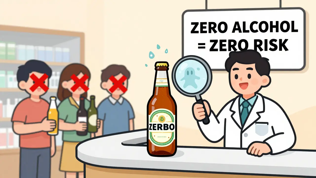 Pharmacist revealing hidden alcohol in non-alcoholic beer with magnifying glass