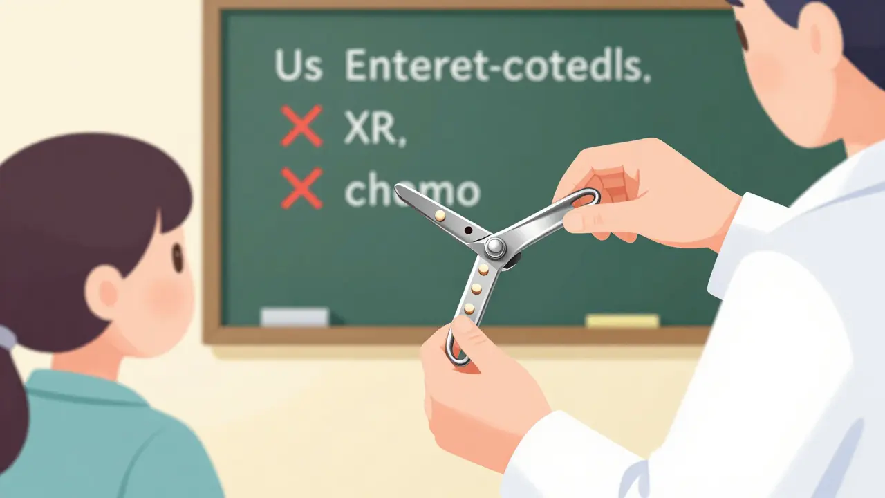 Pharmacist showing proper pill splitting technique with clean splitter and unsafe pills marked with X's.