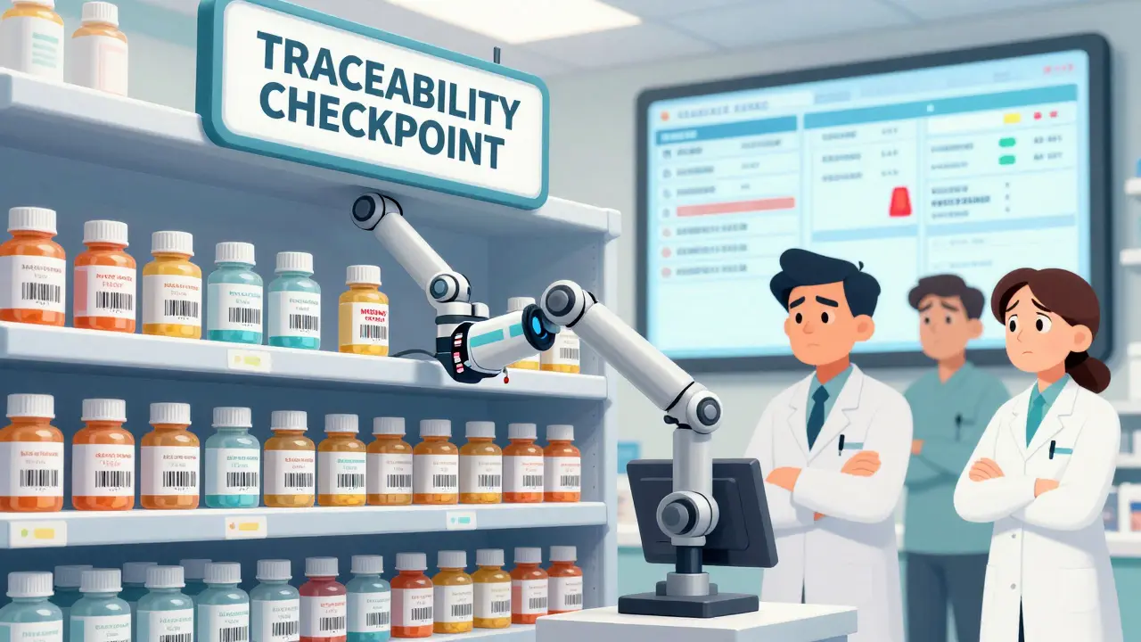 Robotic scanners verifying barcode-tracked medicine bottles under a traceability checkpoint, with one package flagged as missing data.