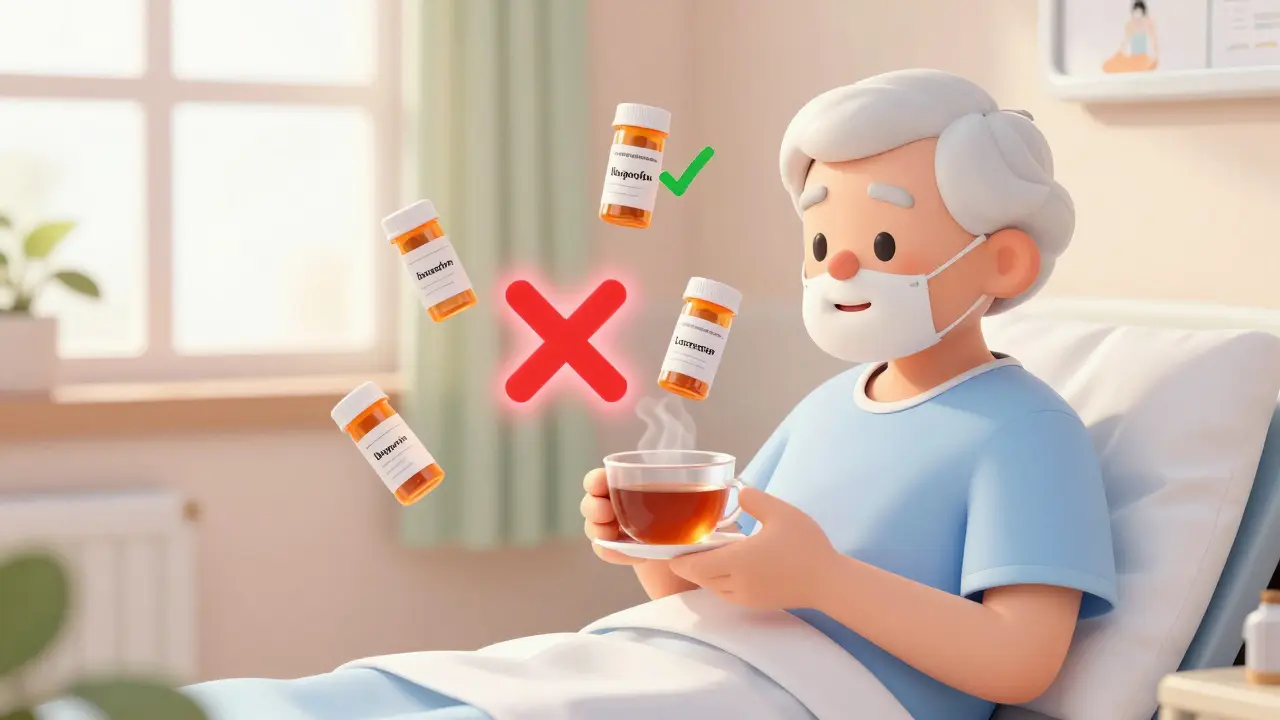 Senior in hospital gown with dangerous pills crossed out and safe alternatives shown.