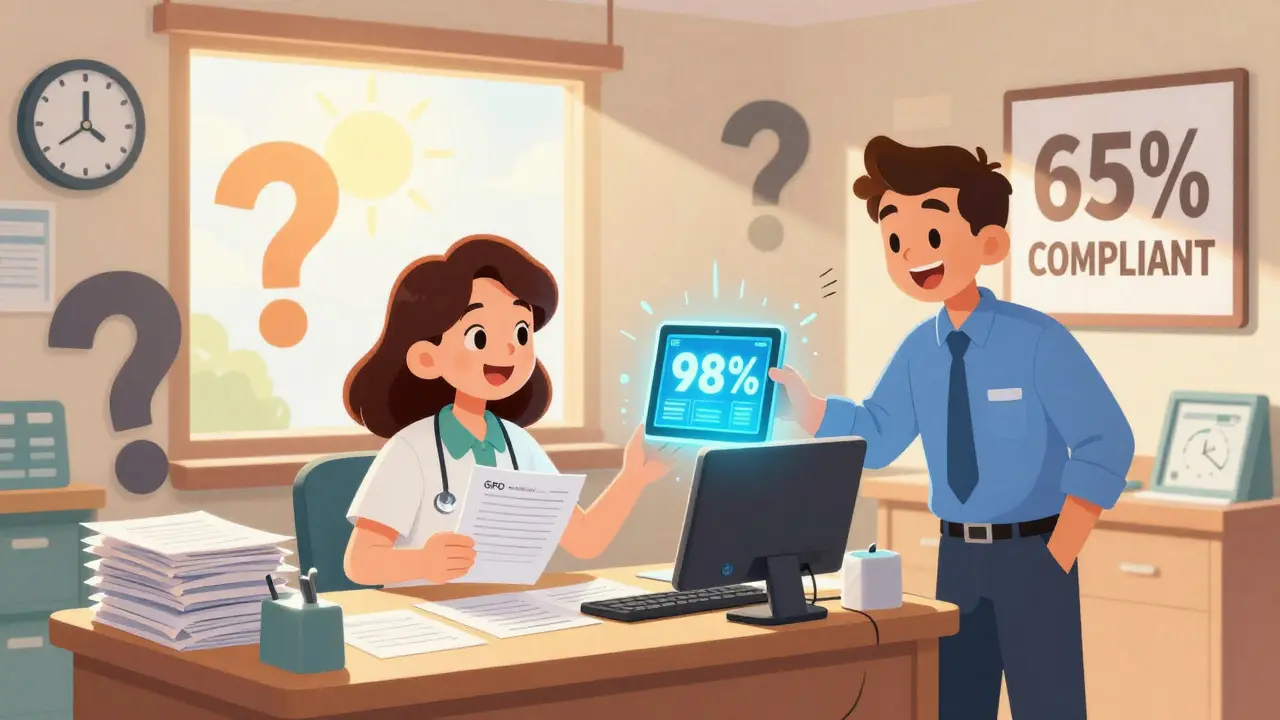 Small pharmacy owner receiving an AI tablet from a GPO rep, transforming compliance stress into confidence with bright light.